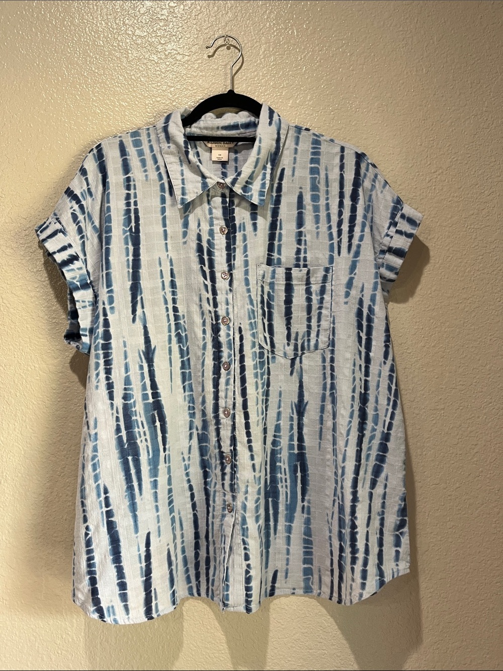 Allison Daley Blue White Patterned Button Shirt Sz 1X Lightweight Boho TC0667